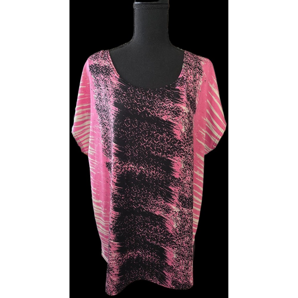 Vintage Dex Women 1XL Pink Abstract Art Short Sleeve Polyester Top Shirt 90s Y2k